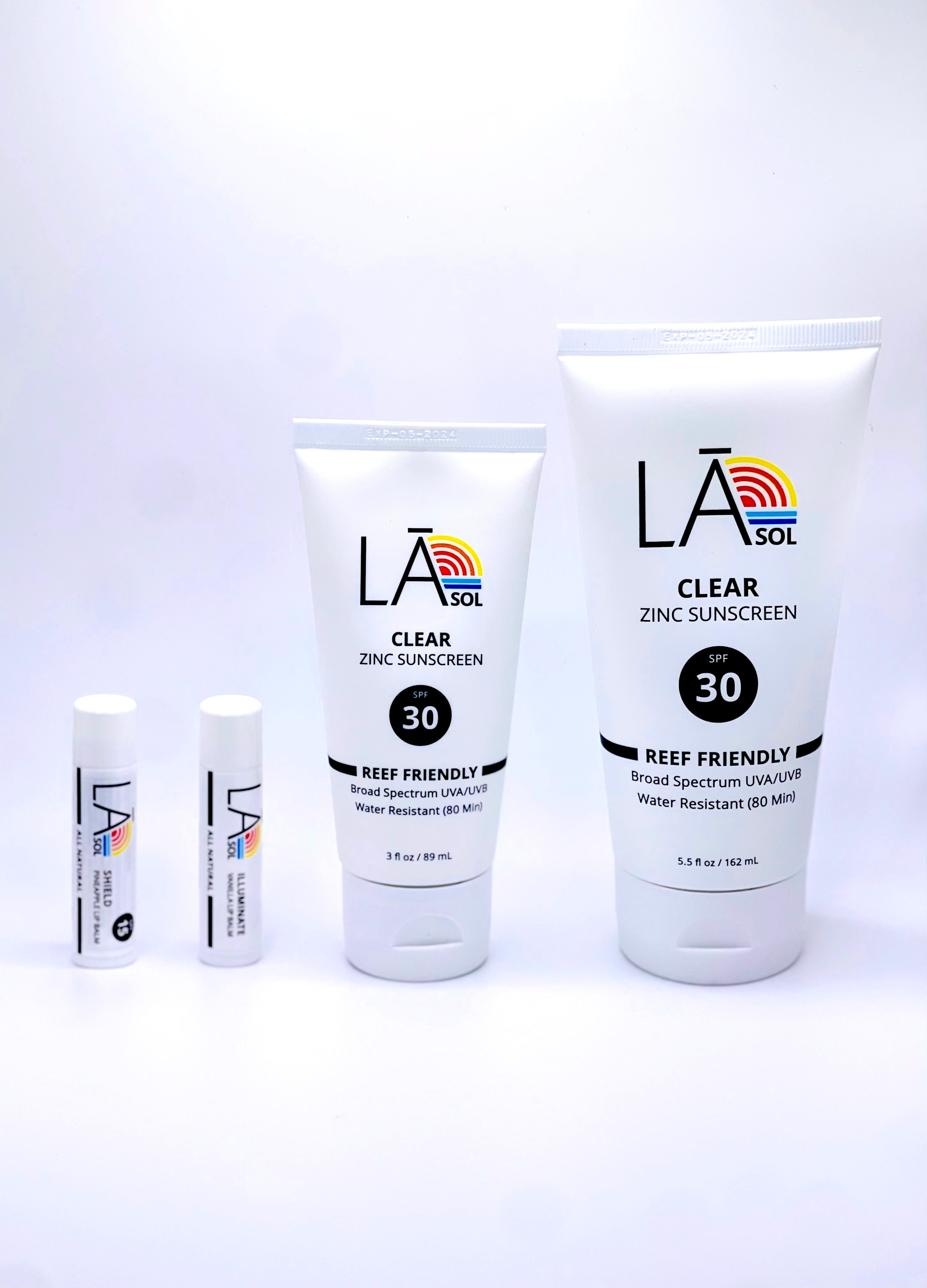 La Sol products which include two sizes of Mineral Zinc Sunscreen SPF 30 and two lip balms