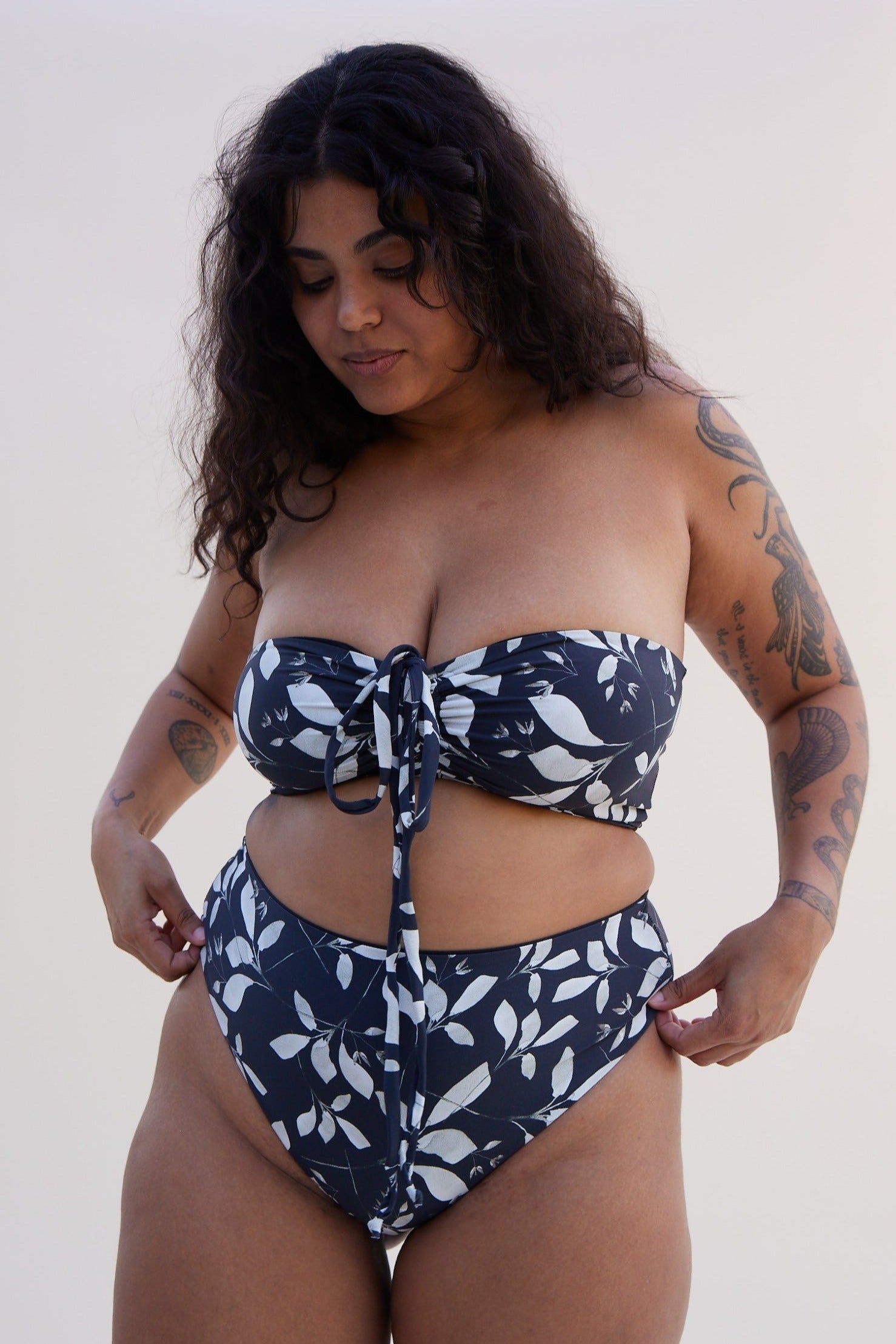 Model wearing Isla High Waist bottom in ghost petal color